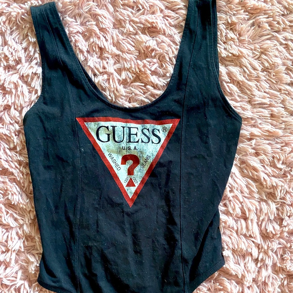 Original Guess Bodysuit, Black, Red, White. Deep lunge dip in front. Size S
